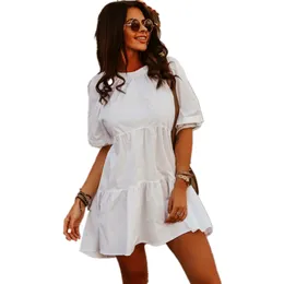 夏のドレスの女性エレガントなレジャーミニショートドレススリムカジュアルな白い甘いフリルドレスローブフェムメヴェスティドde mujer y2k 210715