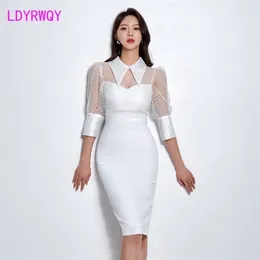 LDYRWQY summer Korean temperament doll collar see-through lace high waist slim sexy buttocks dress 210416