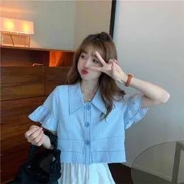 Wonder Ladies Sweet Blouse Korean Style Retro Puff Sleeve Shirt Elegant Crop Short Striped 210510