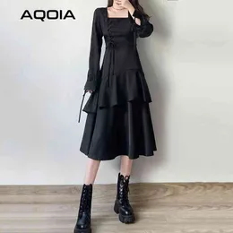 Sommar gotisk svart bandage kvinnor klänning gata stil långärmad kaskad ruffle dubbel lager lolita damer klänningar 210521