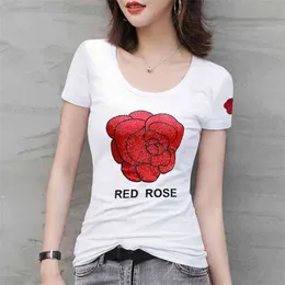 WWENN Summer Korean Clothes Cotton T-shirt Red Rose Diamonds Transparent Women Tops Shirt Short Sleeve Elastic Tees 210507
