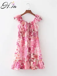 Hsa zomer bloemenjurk sexyoff shouderl strandstijl losse roze vakantie vestidos vlinderdas trapsgewijze mini-jurk gewaad boho 210716