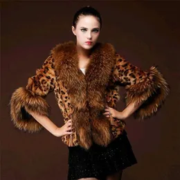 Importerad imitation päls Kort kappa Leopard Print Lady Raccoon Hair 211213