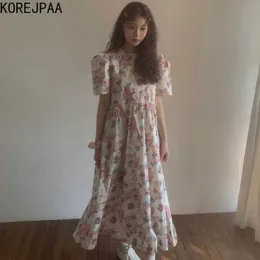 Korejpaa Frauen Kleid Sommer Koreanische Chic Damen Süße Sanfte Blume Rundhals Plissee Lose Beiläufige Puff Sleeve Vestidos 210526