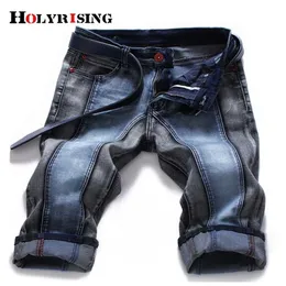 Holyrising Men Casual Denim Stylish Elastic Ripped Mid Waist Slim Fit Patchwork Knee-Length Short Pockets Size 27- 211108