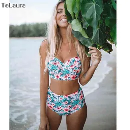 Sexy Floral Print High Waist Swimsuit Bikini Push Up Swimwear Women Vintage Biquini Bathing Suit Maillot de Bain Femme XXL 210702