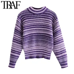 TRAF Women Fashion Striped Stickad Sweater Vintage High Neck Långärmad Kvinnlig Pullovers Chic Toppar 210415