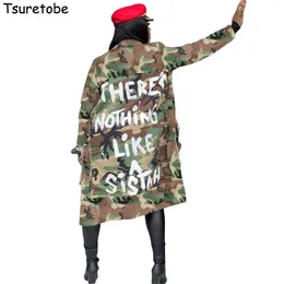 Tsuretobe plus size camouflage trench coat kvinnor hösten casual brev tryckfickor långärmad överrock kvinnlig outwear 211021