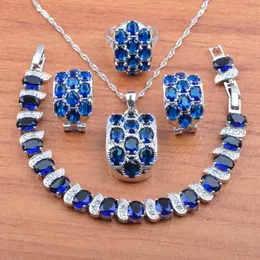 Olśniewający Blue Cyrkonia Kryształ Srebrny Kolor Biżuteria Zestaw Dla Kobiet Kolczyki Naszyjnik Wisiorek Pierścionki Zestaw Bransoletki JS0520 H1022