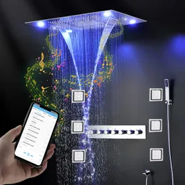 Akcesoria łazienkowe Muzyka System prysznicowy Duży Wodospad Deszcz Spray LED Prysznic Panel 800x600mm z Body Jets Black Gotowy zestaw