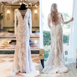 Abito da sposa con maniche aderenti, abito da sposa a maniche lunghe in pizzo con scollo a V profondo trasparente 328 328