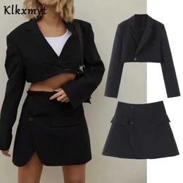 Klkxmyt kostym två bitar sätter kvinnor chic mode singel knapp svart korta blazers jackor hög wasit kjolar 210527