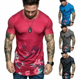 T-shirts mode män o nacke blomma tryck kort ärm slim passform t-shirt casual toppar sommar kläder muskel tunn gym sport tee blouse
