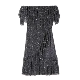 슬래시 넥 짧은 소매 미니 드레스 우아한 여름 여성 여성 A 라인 블랙 솔리드 루어 블랙 숄더 프릴 D2010 210514