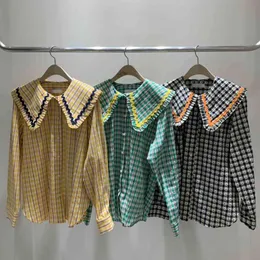 Sweet Peter Pan Collar Button Up Shirt Woman Plaid Blouse Spring Fashion Contrast Color Camisas Mujer Women Long Sleeve Tops 210514