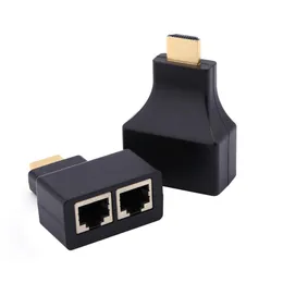 4PC / LOT Svart färg 1080p HD-MI till Dual Port RJ45 Nätverkskabel Extender Adapter över av Cat 5E / 6 för HD-DVD