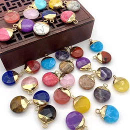 15x19mm Gold Edge Natural Crystal Okrągły płaskie Kamień Charms Rose Quartz Turkusowe Wisiorki Trendy Do Tworzenia Biżuterii Hurtownie