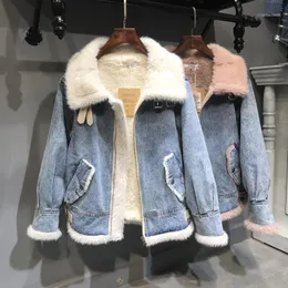 Kvinnors päls faux vinterlampan ullfoderrock med jeans denim jacka vänd dowm krage ytterkläder rockar grundläggande jackor kvinnor cowboy1