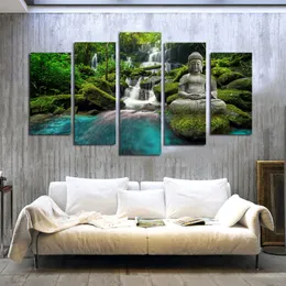 5 Panels Waterfall Buddha Posters And Prints Canvas Painting Big Size Wall Art Pictures For Living Room Landscape Home Decor