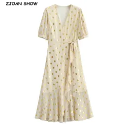 Vintage France V neck Bronzing Gold Polka Dot Wrap Dress Holiday Woman Tie Bow Waist Short Sleeve Slit Midi Tea Dresses 210429