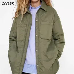 Za Damskjortor Jackor Tunna Parka Oversize Shirt Coats Femme ArmyGreen Ytterkläder BF Långärmad Kaki Coat TRF 210923