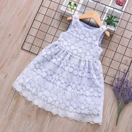 Girls Dresses Summer Sleeveless Children's Wear Fashion Sweet Openwork Lace Flower Vest Kid Clothes 210515