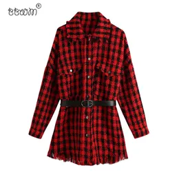 BBWM 여성 패션 벨트 격자 무늬 트위드 자켓 빈티지 긴 소매 닳은 술 코트 여성 세련된 겉옷 210520