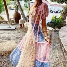 Boho Beach Yaz Uzun Çiçek Elbise Kare Boyun Ruffles Ince Yüksek Bel Tatil Patchwork Kadınlar için Sevimli Pembe Giyim 210427