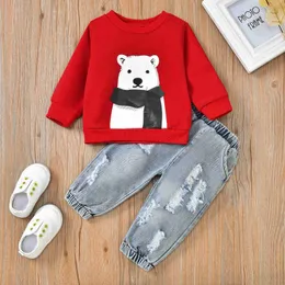 Unisex Baby Tracksuit Bear Print Crew Neck Långärmad Sweatshirt + Casual Jeans för Toddler Boys Girls Fashion Barn sätter G1023