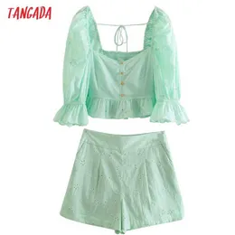 Tangada Summer Women Dressuit Dwuczęściowy Zestaw Retro Zielona Emboridery Koszula uprawa i szorty JE72 210609