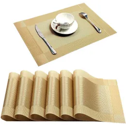 6 / 4pcs Guld Placemat Tvättbar PVC Matbordssats Vävmattor Diagonal Frame Teslin Cloth Disc Bowl Coaster Non-Slip Pad 210706