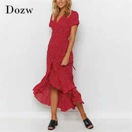 Kobiety Czeski Letnie Długie Suknie Floral Print Ruffles Split Maxi Krótki Rękaw Casual Sundress Beach 210515