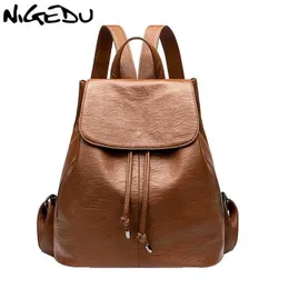 Nigedu Kobiety Plecaki Composite Cowhide Ladies Torby szkolne Duża Pojemność Podróży Plecak Skórzany Student Plecak Daypack Q0528