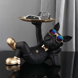 Nordic Resin Bulldog Crafts Dog Butler with Tray for keys Holder Storage Jewelries Animal Room Home decor Statue Sculpture 220110