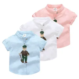 Summer Casual Mandarin Collar Child Baby Cotton White Blue Pink Short-Sleeve Grandfather Grandpa Print Linen Kids Boy Shirt 210701