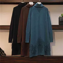 Plus Size Women Fall Winter Knit Dress Tassels Turtleneck Oversized Loose Thick Tassel Midi Sweater Vestidos Female GX1220 210506