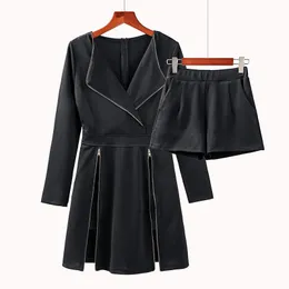 Women Suits Black V Neck Full Sleeve Long Zipper Dress Short Pant High Street Two Pieces Set T0010 210514