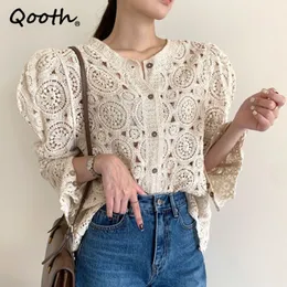 Qooth Elegant V-Neck Crochet Hollow Sweater Spring Höst Tunn Single-Breaded Casual Puff Sleeve Womens Fashion Tops Qt583 210518