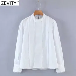 Zevity Women Sweet Stand Collar Lace Ruffles Decoration White Shirts Female Puff Sleeve Pullover Blouse Roupas Chic Tops LS9091 210603