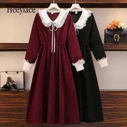 Plus Size Women Women Autumn Winter Manga Longa Dressão elegante Peter Pan Collar Vintage Coren High Cídhar A-line Vestidos Y1006