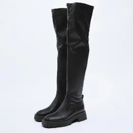 Сапоги 2021 зима плюс Velet Women Over -Knee Platform Теплый чулок повседневные черные кожаные пинетки