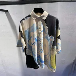 [DEAT] Kobiety Kolor Printing Pojedynczy Breasted Abstract T-shirt Nowy Polo Collar Pół Rękaw Loose Fashion Firmy Lato 7E0937 210428