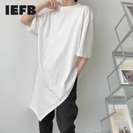 IEFB Non Iron Short Sleeve Loose Round Neck Casual Solid Color T-shirt Men's Asymmetric Mid Length White Tee 210524