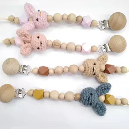 Baby Pacifier Clips beech Pacifiers Soother Cartoon rabbit woodiness Holder Beaded Clip Chain Nipple Teether Dummy Strap Chains Infant Shower Gift WMQ755