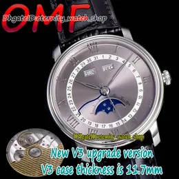 eternity Watches OMF V3 Latest Upgrade Version Villeret Calendar 6654-1113-55B Cal.6654 OM6564 Automatic Mens Watch Steel Case True Moon Phase Gray Dial Leather Strap