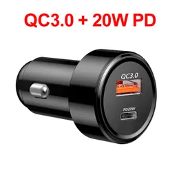 20W PD Billaddare QC3.0 Snabb Snabb Laddning för telefon Tablet PC iPhone Xiaomi Huawei USB Typ C Auto Charge