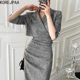 Korejpaa Frauen Sets Sommer Koreanische Chic Temperament Revers Kreuz Dreiviertel-Ärmel Blazer Hohe Taille Tasche Hüfte Schlitz Röcke 210526