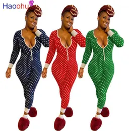 Kobiety Sexy Stretchy Pajamas Z Długim Rękawem V-Neck Dot Druk Bodycon Homewear Lato Lady Kombinezon Romper Kobiet Kombinezony Pajaczki