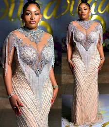 2021 Plus Storlek Arabiska Aso Ebi Lyxiga Beaded Crystals Prom Klänningar Sheer Neck Mermaid Evening Formell Party Andra mottagningstorkar Klänningar ZJ347