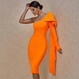 Ocstrade Runway Bownot One Sleeve Bandage Dress Women Sexy Shoulder Bodycon Orange Club Party 210527